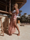 Light pink satin kalhoty s rozparky Prodloužená délka