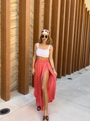 Coral satin kalhoty s rozparky PRODLOUŽENÁ DÉLKA