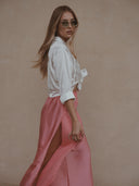 New pink satin pants with slits